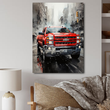 Red Pickup Truck Cityscape Hauler I - Pickup Truck Canvas Wall Art
